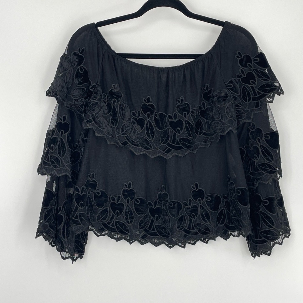 Endless Rose Women's Black Velvet Embroidery Ruffle Off-Shoulder Blouse Size S - Picture 2 of 9